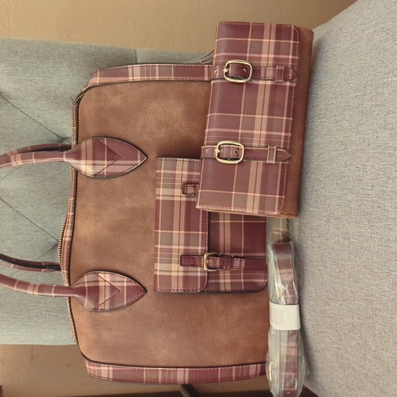 EUC Cato Satchel & wallet in brown w/ maroon, olive & tan plaid accents. - Picture 2 of 7